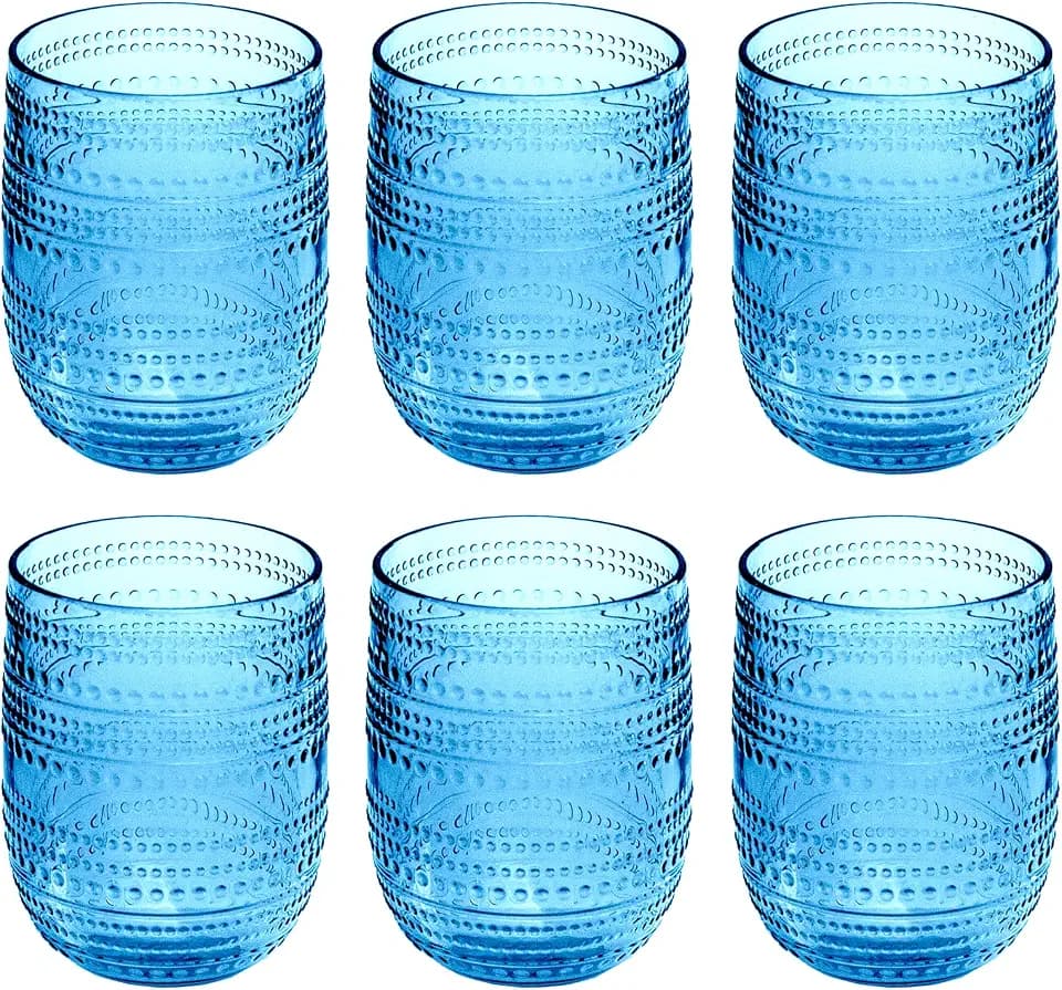 Beaded 15 oz Durable Acrylic Stemless Wine Glasses, Shatter-Resistant and Dishwasher-Safe Indoor/Outdoor Drinkware, Glass for Wine, Sangria, and Spritzers - Cobalt Blue - Set of 6