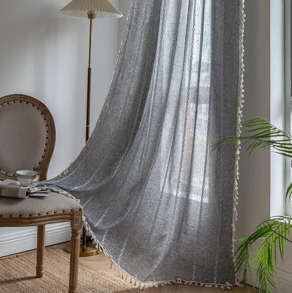 Sutuo Home Boho Curtains for Bedroom Dining Room Kitchen, Semi Blackout Linen Farmhouse Shabby Chic Tassels Window Treatment Bohemian Embroidery Drape, Rod Pocket 1 Panel 52" W x 63" L, Black Grey