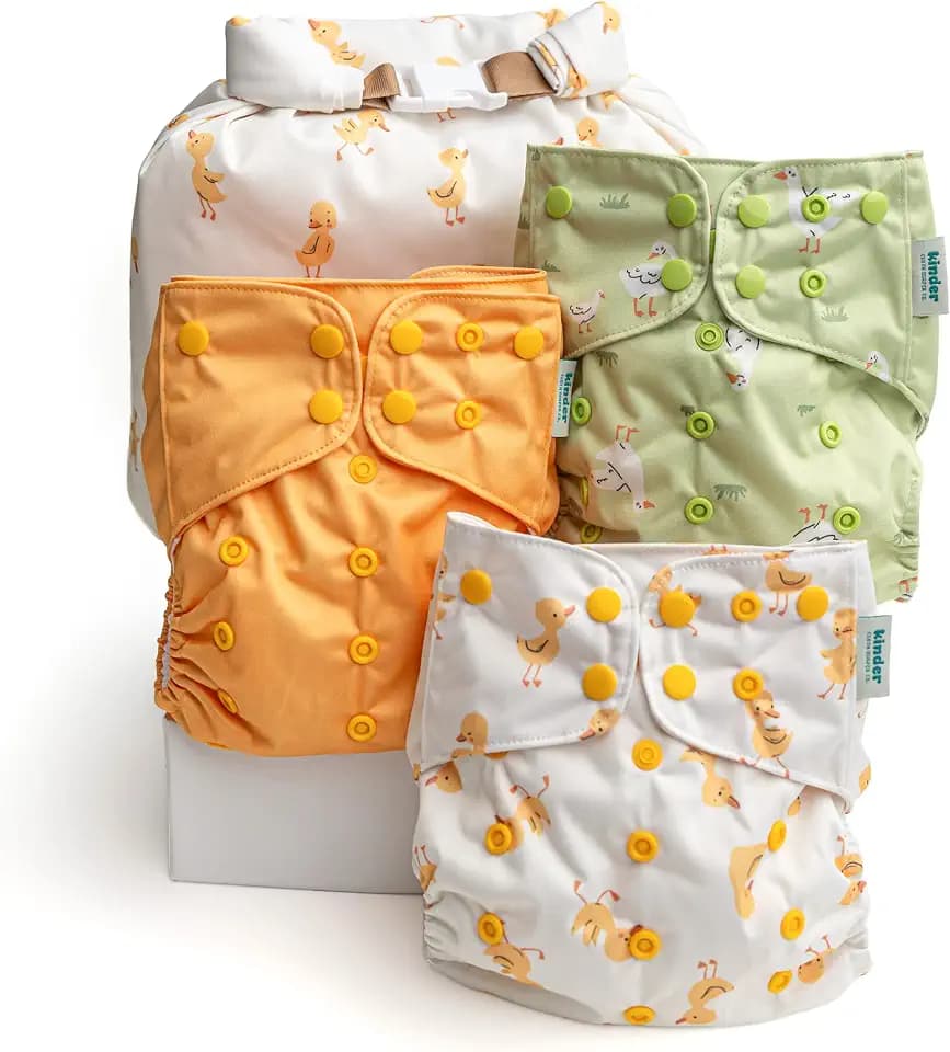 Kinder Cloth Diapers Reusable Baby Diapers Pocket Style Athletic Wicking Jersey, Wet Bag, Newborn to Potty Training 7-60lbs, One Size, Inserts NOT Included (Just Ducky, 3 Pack, Without Inserts)