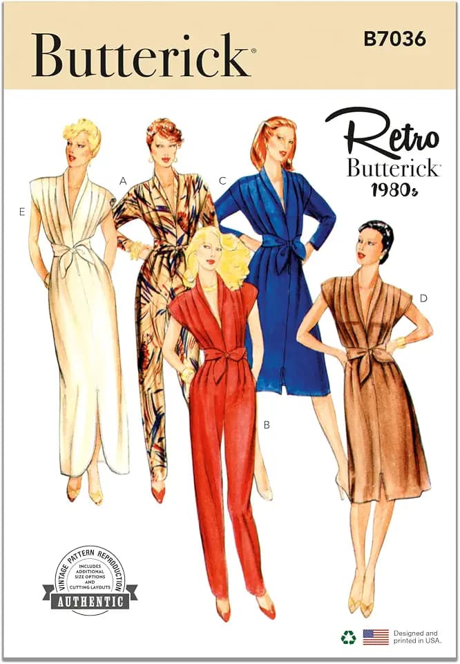 Butterick B7036U5 Vintage 1968's Misses' Loose-Fitting Straight-Legged Jumpsuit, Dress and Sash Sewing Pattern Packet, Design Code B7036, Sizes 16-18-20-22-24
