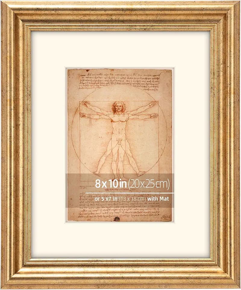 8x10 Distressed Gold Bevel Curved Ornate Classic Picture Frame with Real Glass Protection, Matted for 5x7 Inches Photos