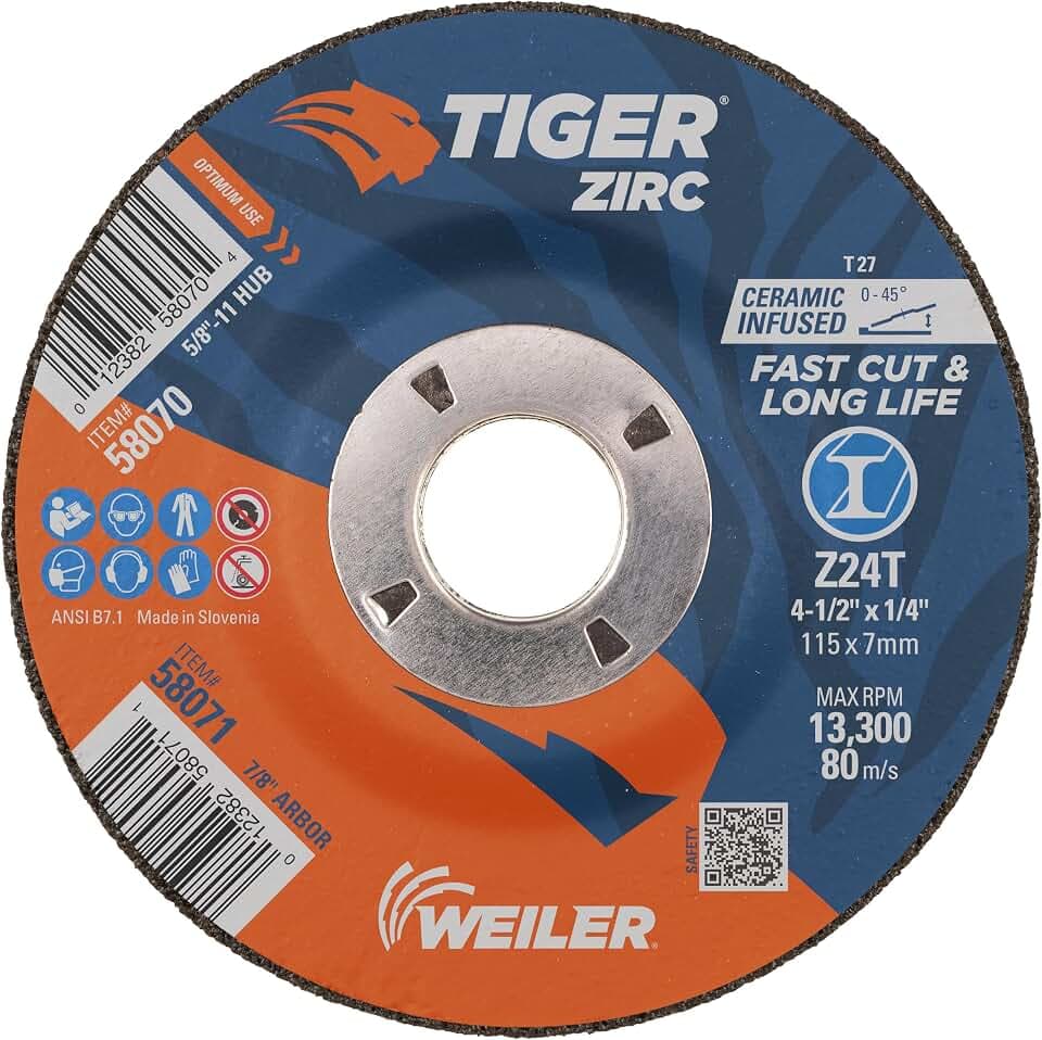 Weiler 58071 4-1/2" x 1/4" Tiger Zirc Type 27 Grinding Wheel, Z24T, 7/8" A.H. (Pack of 10)