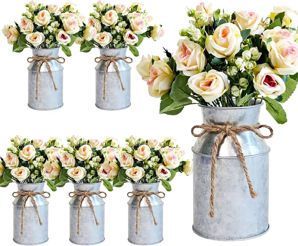 Artificial Rose Centerpiece with Metal Vase, 6 sets, Silver & Champagne
