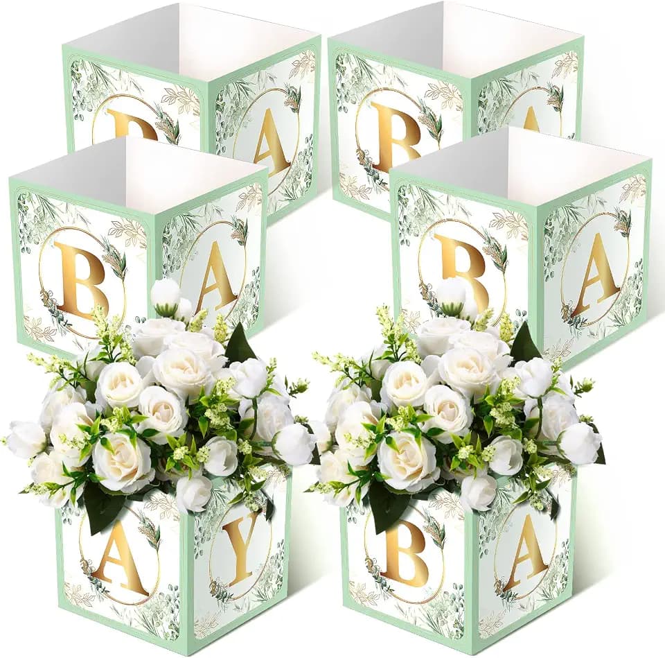 Bucherry 6 Pcs Baby Shower Centerpiece Box, Green, Sage Green Leaf