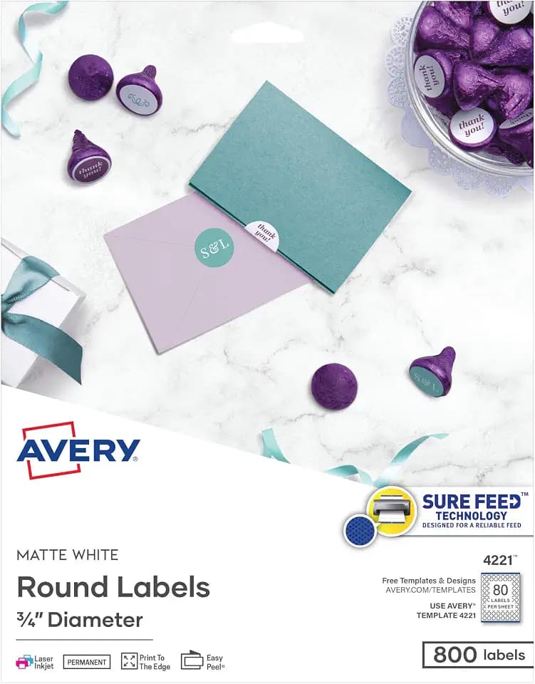 Avery® Printable Round Labels, Sure Feed® Technology, 3/4" Diameter, Matte White, 800 Customizable Labels (4221)