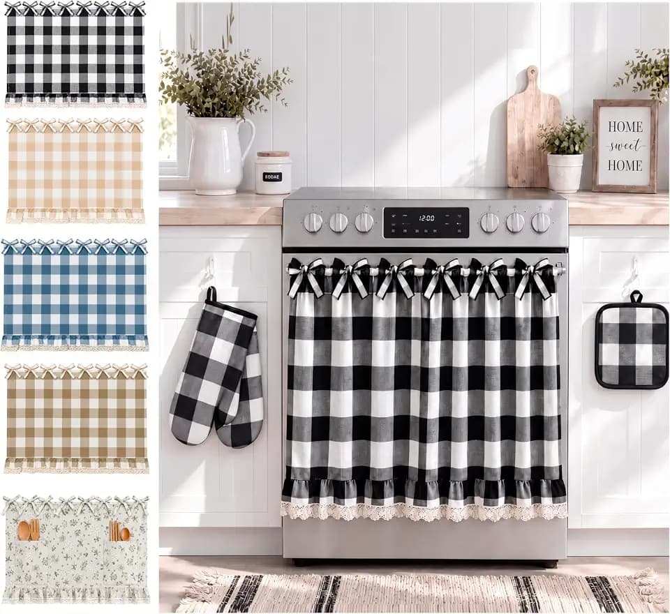Oven Curtain Skirt Set, 4-Piece Buffalo Plaid Oven Skirt for Farmhouse Kitchen Decor, Faux Cotton Linen Decorative Oven Door Curtain with Ribbon Ties, Oven Mitts & Pot Holder, Black White Gingham