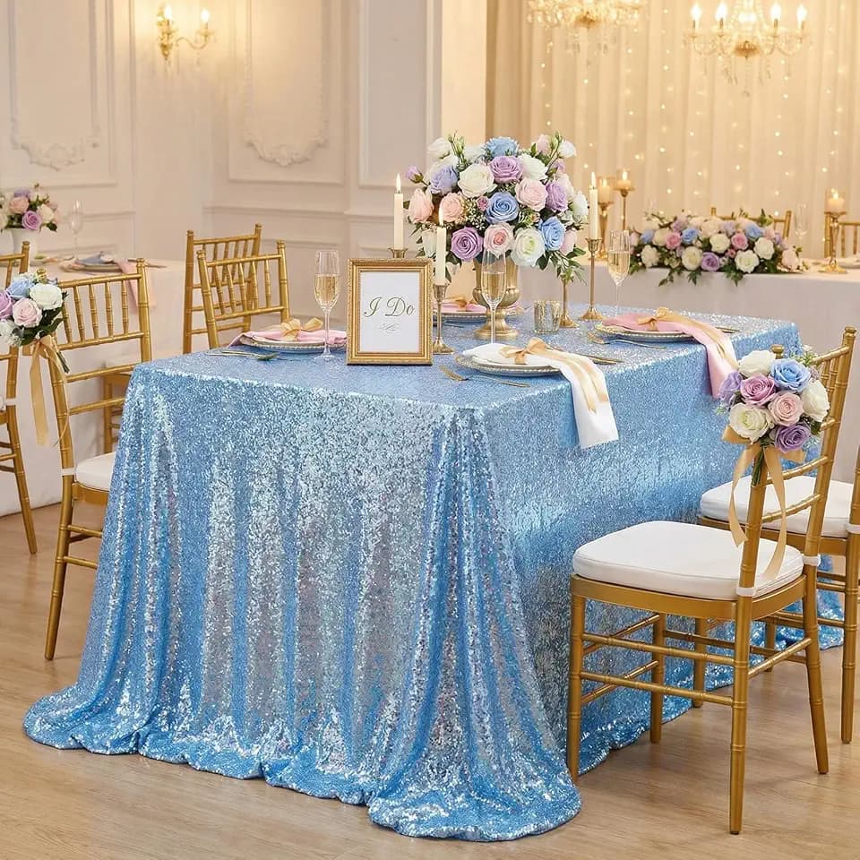 Sparkly Sequin Tablecloth Baby Blue 50x80 Inches Rectangle Overlay Fabric