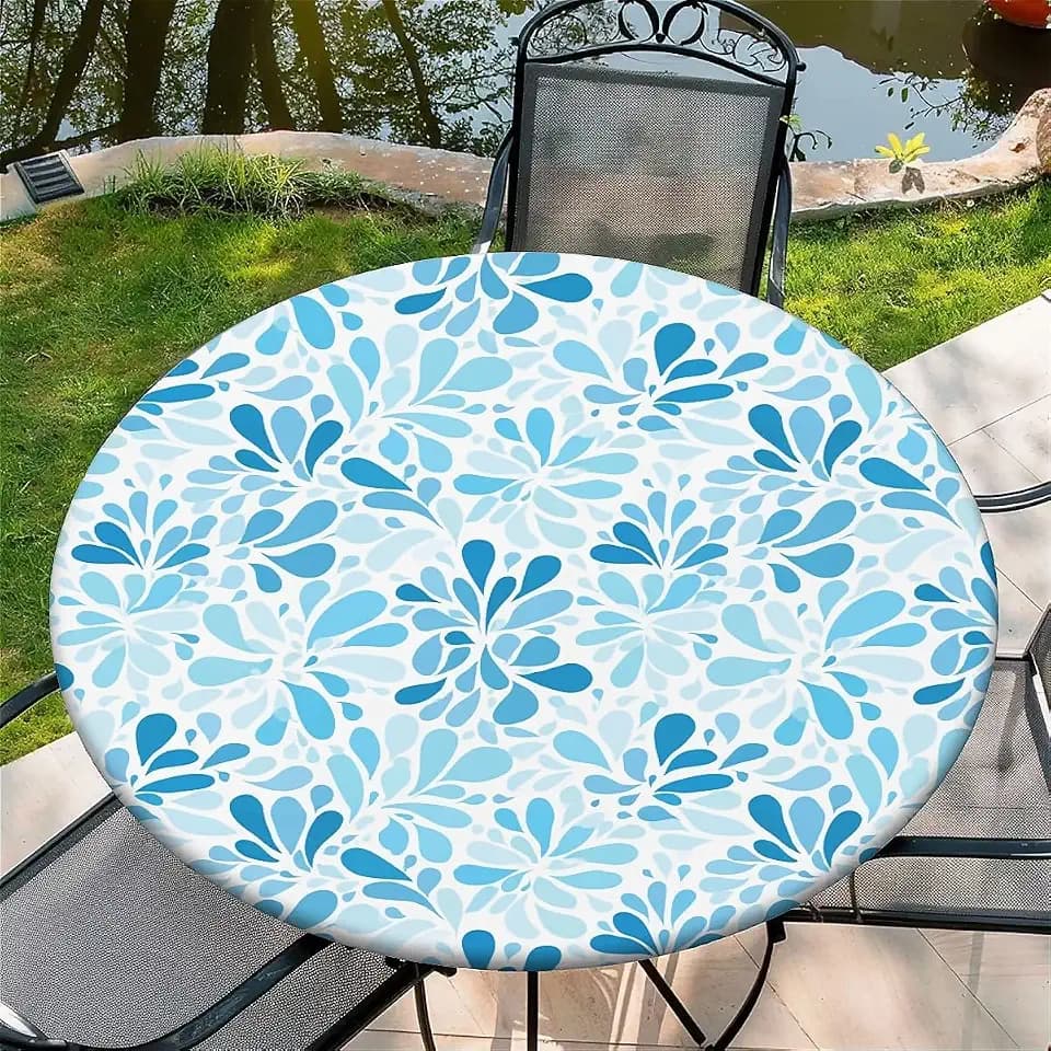 Round Fitted Tablecloth with Elastic Edge Design Table Cover Waterproof Table Cloth Stain-Resistant for 53"-60" Round Table for Dining, Picnic, Party, Decor, Outdoor, Blue Petals