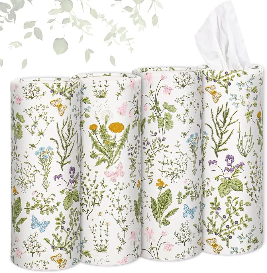 FYSUIMU 4Pcs Spring Wildflower Car Tissue Box Vintage Green Floral Cylinder Tissue Holder Refillable Round Facial Tissue Tube Napkin Container for Travel Car Cup Holder Home