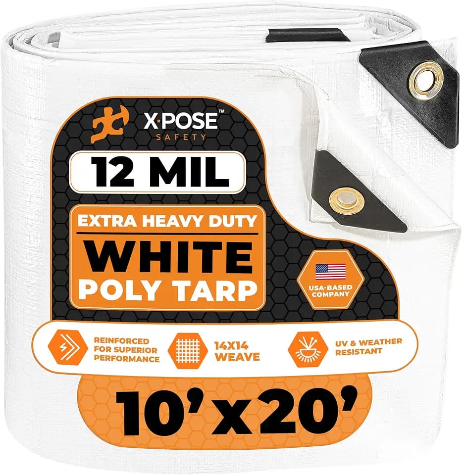 Heavy Duty White Poly Tarp 10' X 20' - Multipurpose Protective Cover - Durable, Waterproof, Weather Proof, Rip and Tear Resistant - Extra Thick 12 Mil Polyethylene - by Xpose Safety