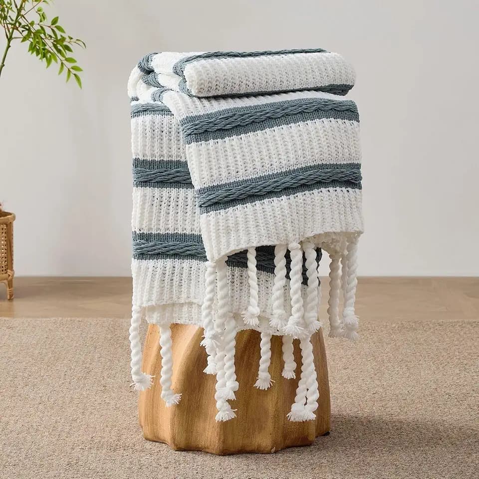 Boho Knitted Chenille Blanket with Tassels - Lightweight & Soft All-Season Throw - 3D Classic Pattern for Living Room Bedroom Couch, Celestial Blue(Striped), Throw 50"x60"