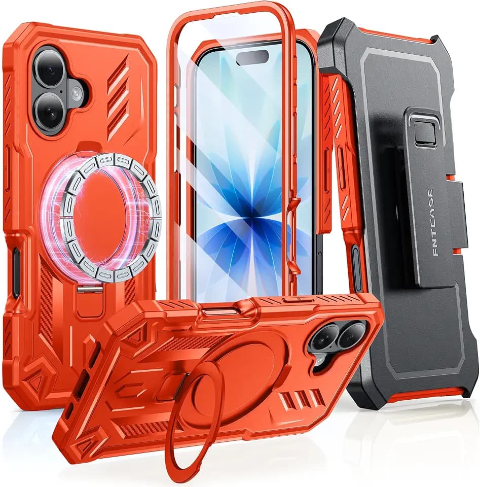 FNTCASE for iPhone 17 Case Fit for MagSafe with Belt Clip Orange