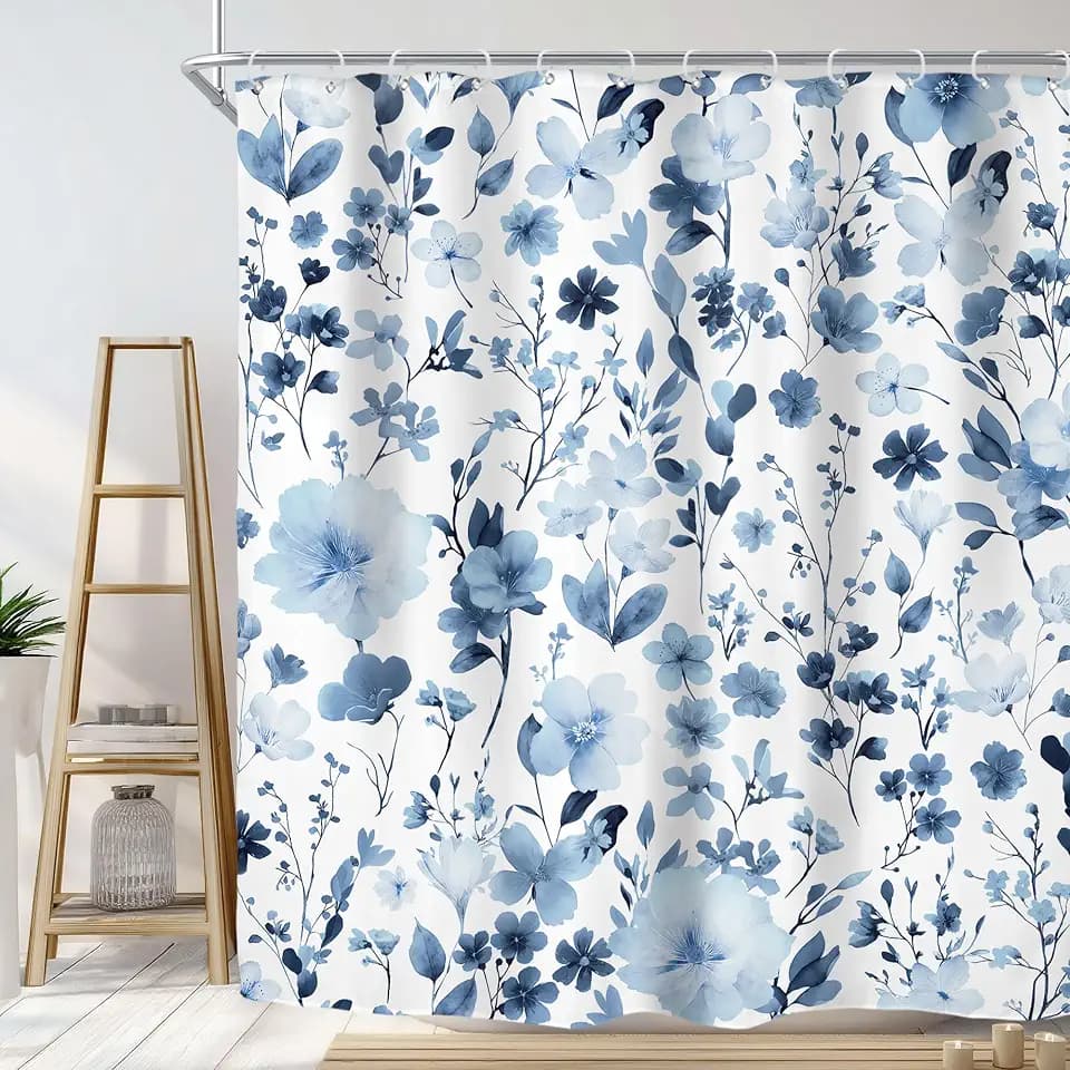 Riyidecor Navy Blue Floral Shower Curtain for Bathroom Decor 72Wx72H Cute Boho Wildflower Flower Watercolor Leaves Plants Botanical Art Printed Fabric Polyester Waterproof 12 Pack Plastic Hooks
