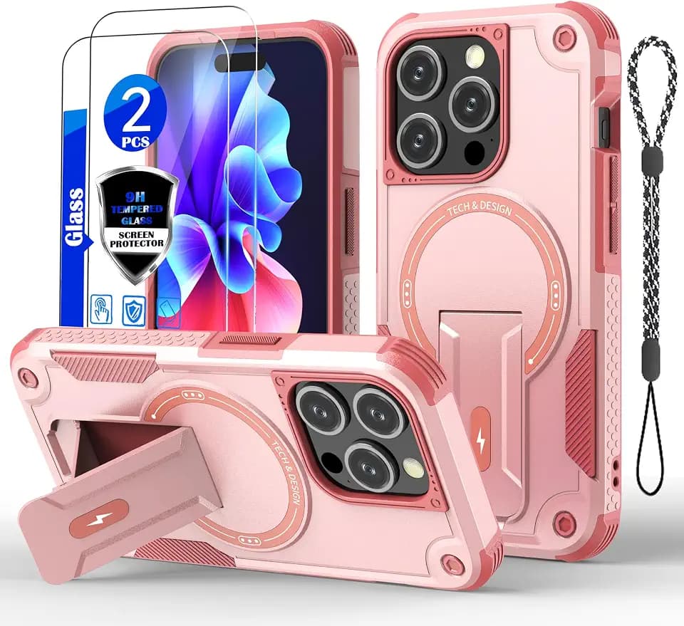 for iPhone 15 Pro case with Glass Screen Protector Film-Pink