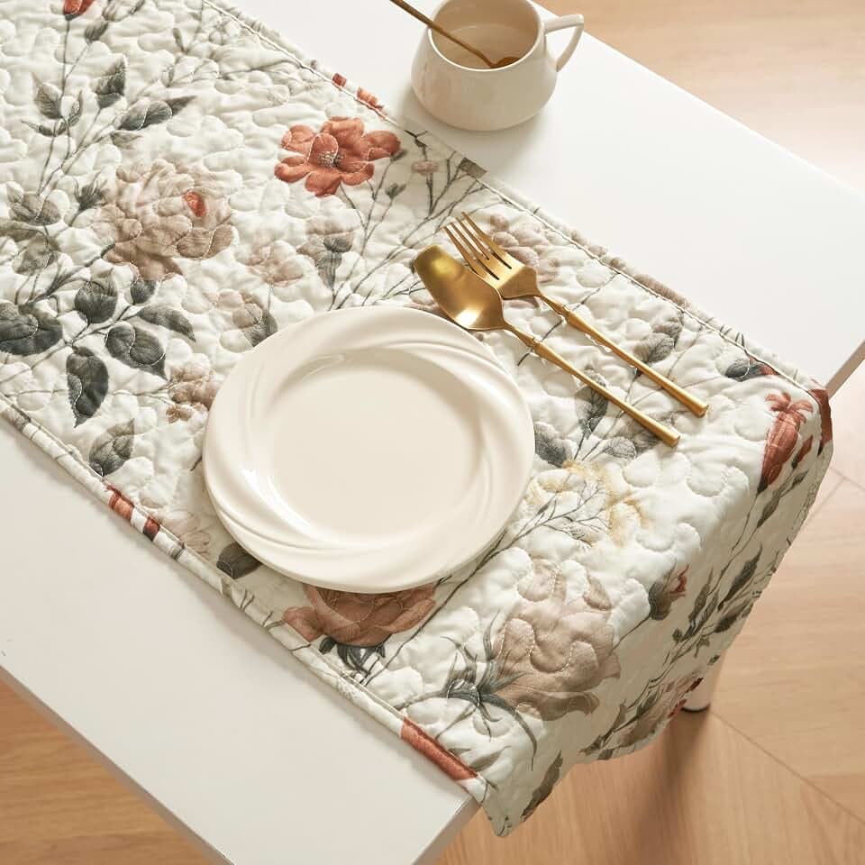 DaDa Bedding Quilted Table Runner 13x54 - Reversible Floral Sage Green