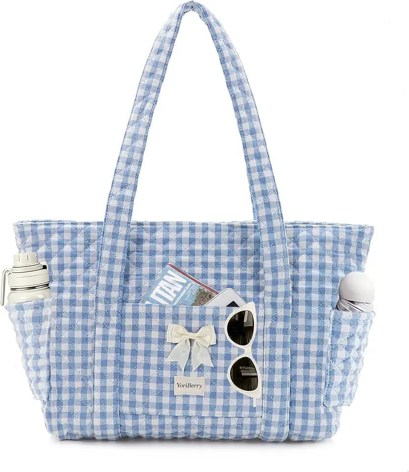 Quilted Tote Bag for Women, Quilted Floral Tote Bags with Zipper, Cute Bow Cotton Patchwork Shoulder bag for Daily