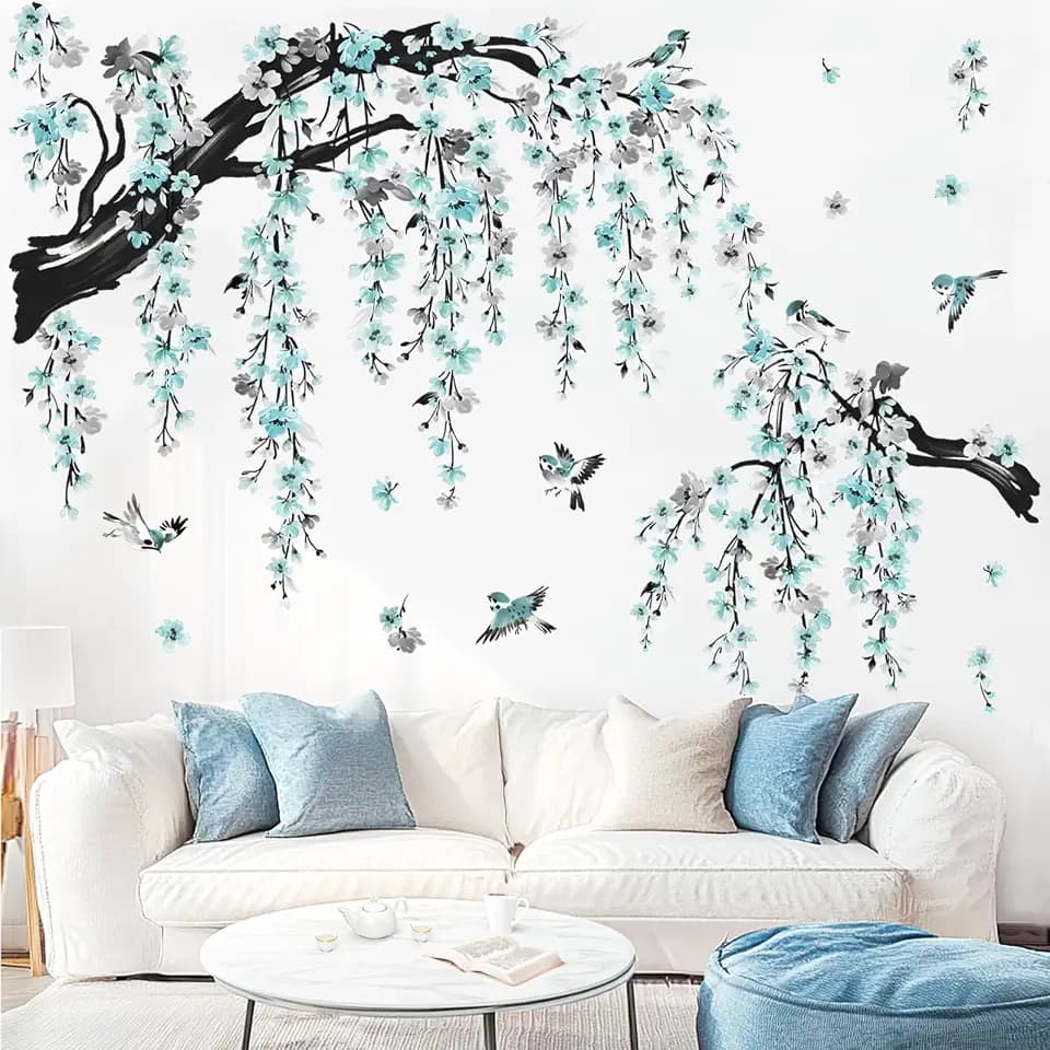 wondever Blue Flower Branch Wall Decals Blossom Tree Branches Wall Stickers