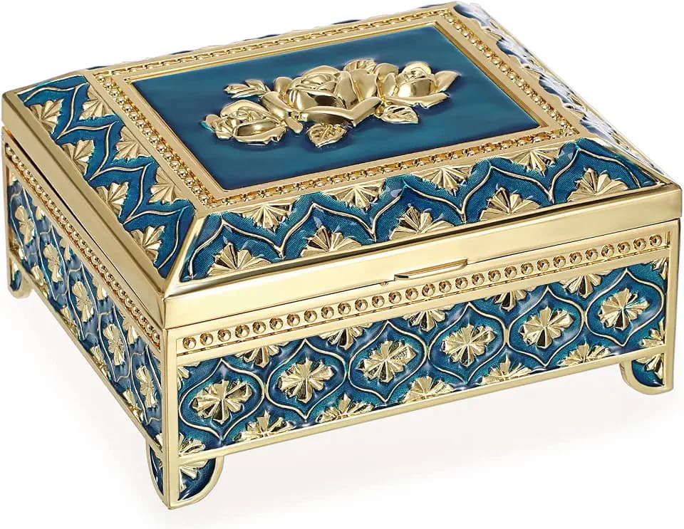 Hipiwe Vintage Metal Jewelry Box Rectangle Trinket Storage Box, Blue