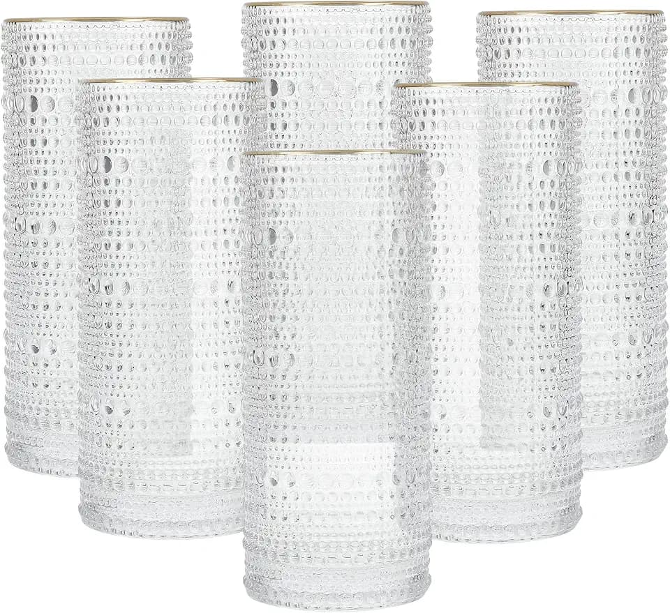 FORTESSA Jupiter Beaded Hobnail Glass Vintage Themed Drinkware Set, 10.8 Ounce Collins Highball Glass (Set of 6), Dishwasher-Safe, Clear/Gold Rim