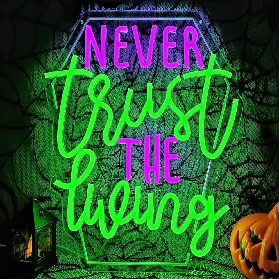 Never Trust The Living Neon Sign Halloween Led Sign for Wall Decor Halloween Tombstone Neon Light for Party Chamber of Secrets Spooky House Bedroom Dimmable USB Led Light Sign
