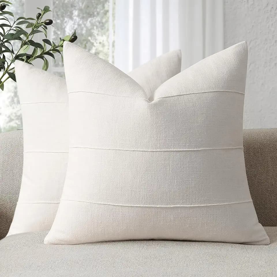 Decorative Linen Throw Pillow Covers 26x26 Set of 2 Solid handcrafted Striped Cushion Covers for Bed Soft Modern Farmhouse Neutral Pillowcase for Couch Bedroom Living Room Home Decor(Cream White)