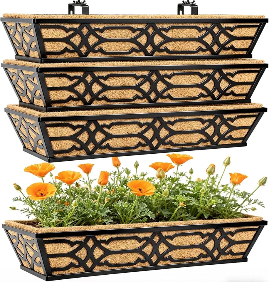 4 Pack 30 Inch Window Boxes Planters with Coco Liner, Large Metal Railing Planter Boxes for Deck, Heavy Duty Hanging Trough for Fence and Front Porch Garden Flower Display