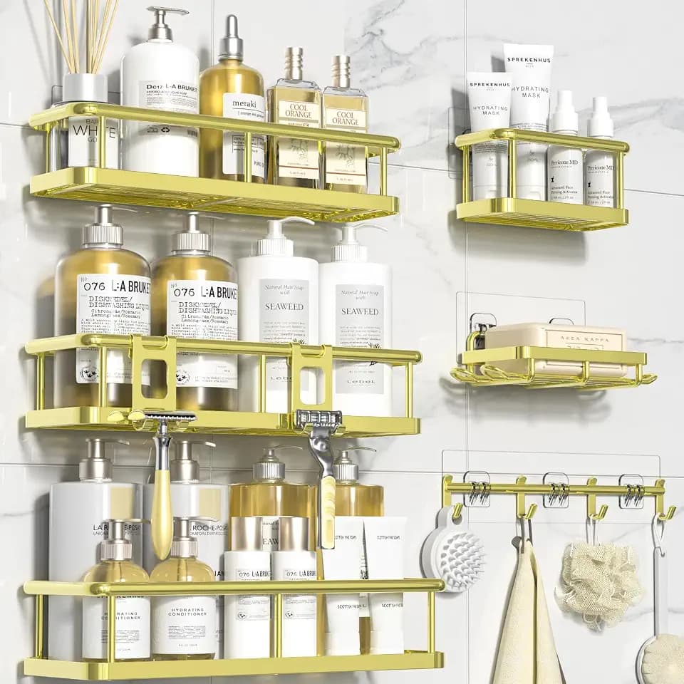 YASONIC Shower Caddy Adhesive, Rustproof Shower Organizer with Soap Holder, Large Capacity Shower Shelves for Inside Shower, No Drilling Bathroom Organizers and Storage for Home Decor(6 Pack Gold)