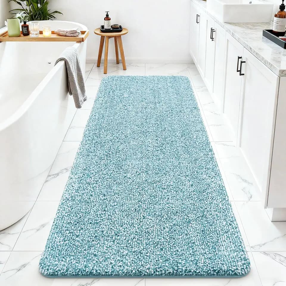 Bathroom Runner Rug 24x60,Soft & Non-Slip Long Bath Mat,Lake Blue/White
