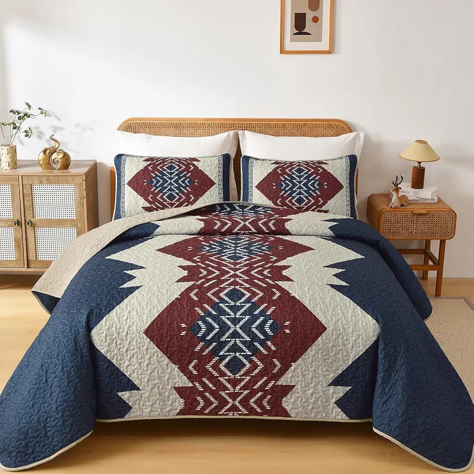 Dintszyayue Aztec Quilt Set King, Blue Red Boho Lightweight Bedspread