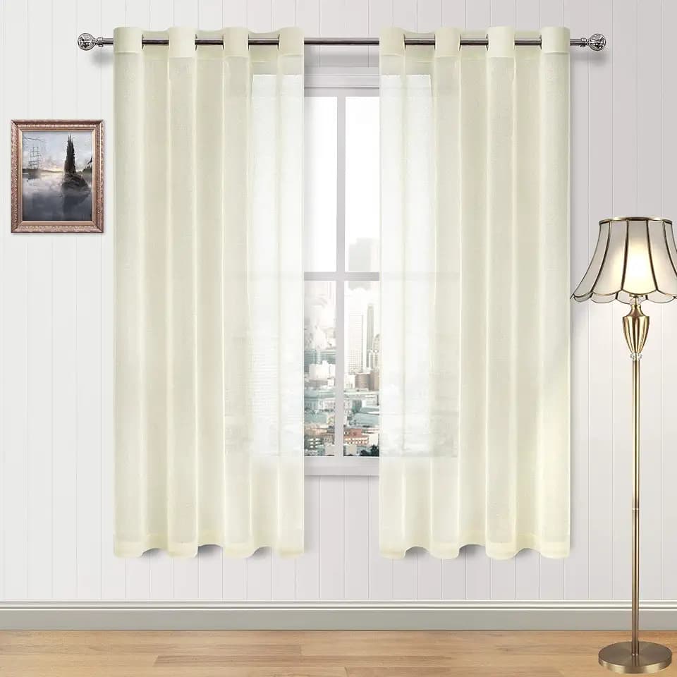 DWCN Ivory Sheer Curtains Linen Look Semi Transparent Voile Grommet Curtains for Living Room Bedroom Drapes 52 x 63 inch Length, Set of 2 Panels