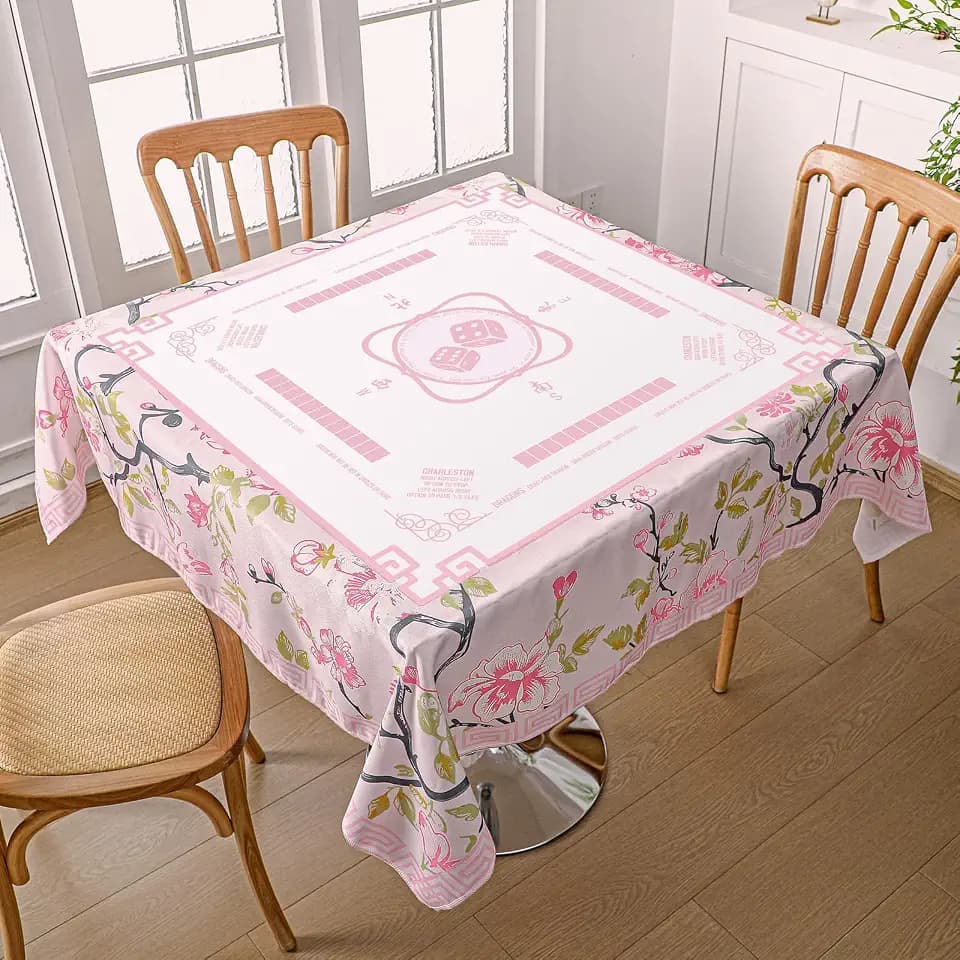 Chinoiserie Mahjong Tablecloth with Game Rule 55''x55'' Floral Table Cover