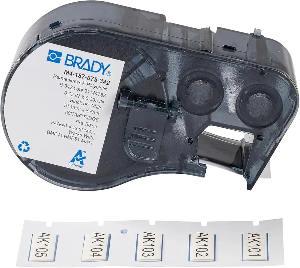 Brady Authentic (M4-187-075-342) PermaSleeve® Heat-Shrink Labels Polyolefin 0.335"H x 0.75"W Black on White 0.187"Dia, Cartridge of 80 Labels. For use with the BMP41, BMP51, and M511 label printers