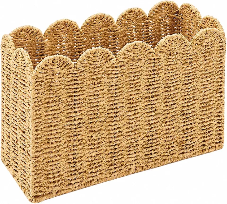 Natural Paper Rope Magazine Holder, Scalloped Magazine Basket