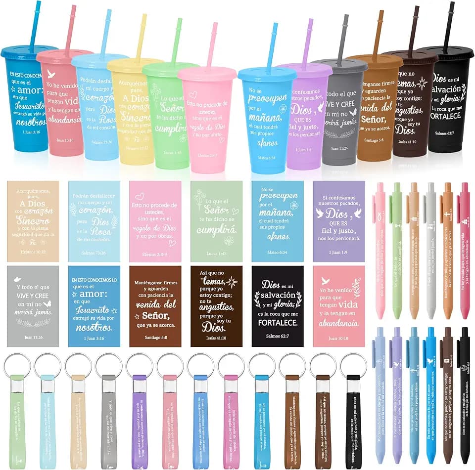 Spanish Christian Gifts Set - 48 Pcs Religious Gift Bulk Scripture Cups with Straw Pens Notebooks Keychains for Church Event Women Men Volunteers Prayers Party Staff Team Friends Colorful