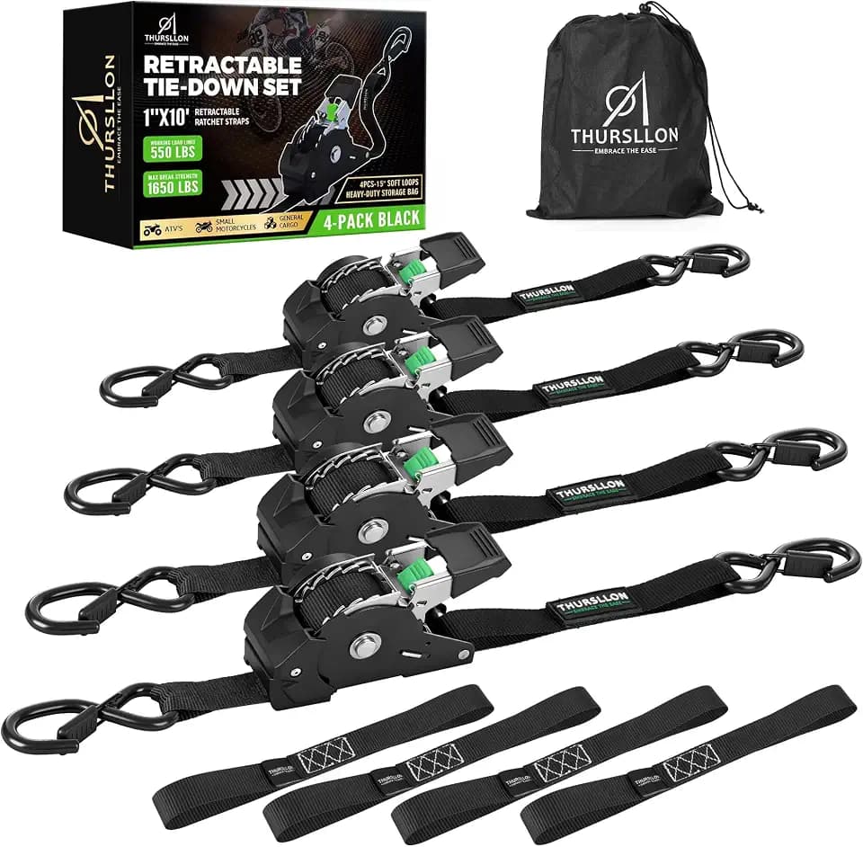 Retractable Ratchet Straps (4-Pack) - 1in x 10ft, Black