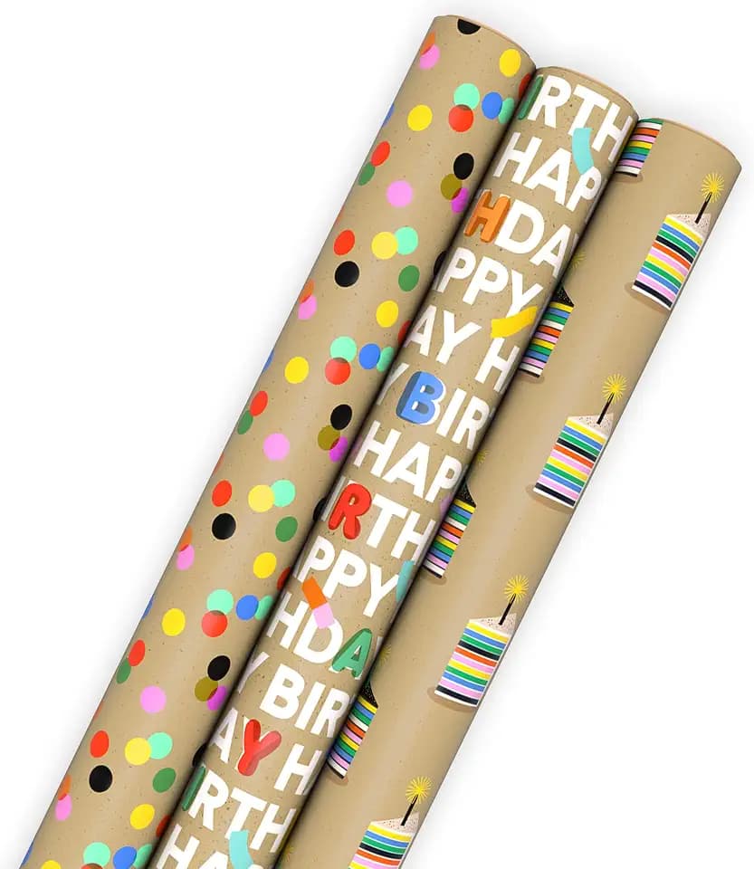 Hallmark Kraft Birthday Wrapping Paper, 3 Rolls (Birthday Cake, Polka Dots)