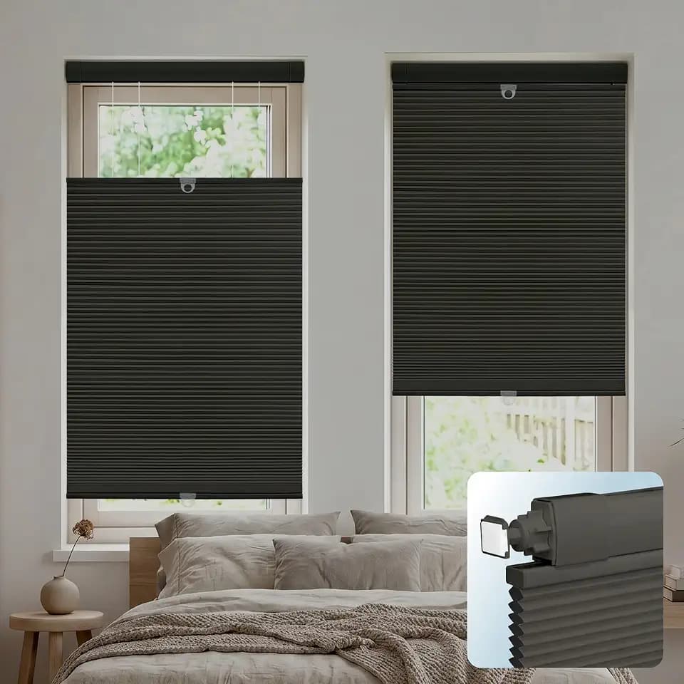 DEZ FURNISHINGS EZ Grip PRO Plus No Tools No Drill Cordless 1" Blackout Top Down Bottom Up Cellular Shade, Inside Mount Tension Shade with Aluminum Rails, 25" W x 64" H, Black