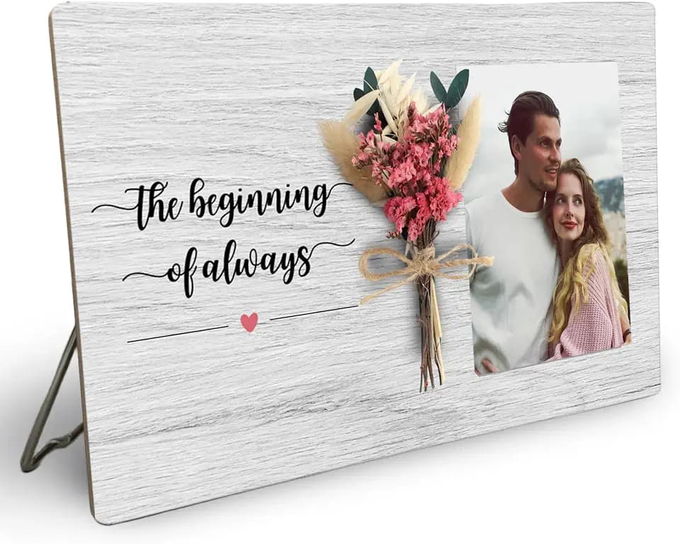 Engagement Bouquet Picture Frame, Engagement Gifts for Couples, The Beginning of Always Wedding Wooden Photo Frame, 4x6 inch Photo