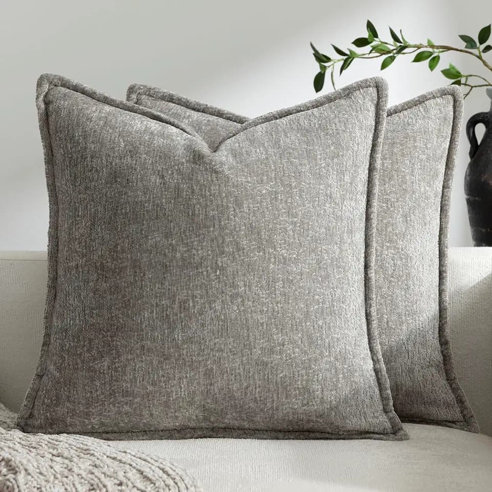 DEZENE Pack of 2 Light Gray Decorative Throw Pillow Covers 16x16 Cozy Soft Chenille Accent Vintage Square Couch Pillow Covers for Home Decor Bed Sofa Living Room
