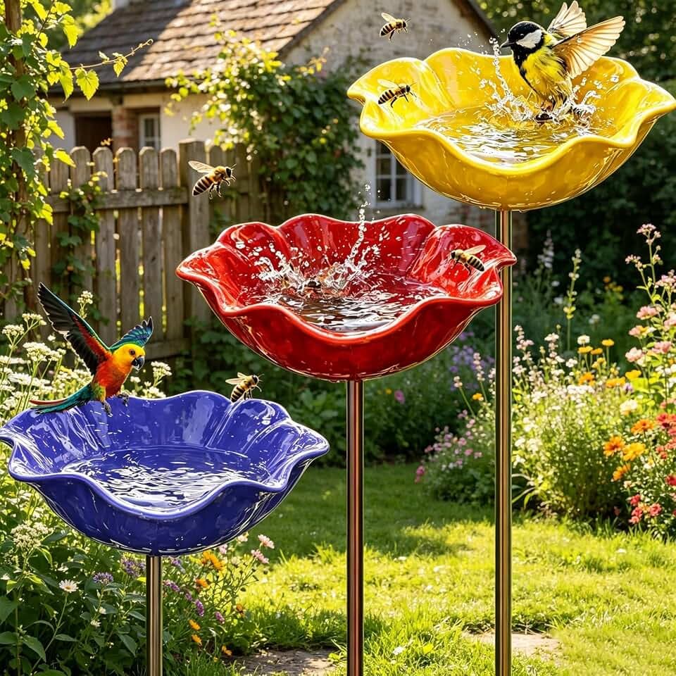 Vogeltränke Stehend,3 Stück Wassertränke für Vögel,Vogeltränke Blume,Blumen Gartenstecker,Insektentränke Garten,Bienentränke Metall,Blumenform Fütterungsschale,für Wildvögel Frostfest,Garten