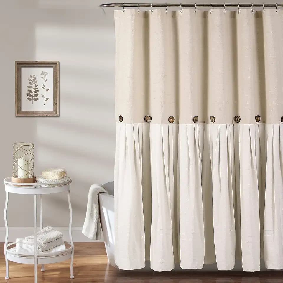 Lush Decor Linen Button Shower Curtain, 72" W x 84" L, Linen - Extra Long Shower Curtains - Neutral Shower Curtain Fabric - Farmhouse Bathroom Decor
