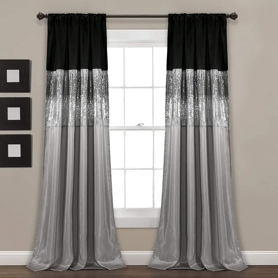Lush Decor Night Sky Window Curtain Panel, Single 42"W x 84"L Black & Gray - Sequin Backdrop Curtain - Room Darkening Curtains For Bedroom - Glam Decor