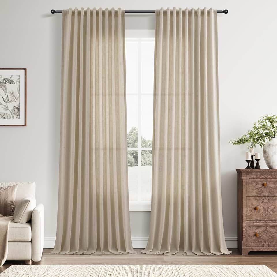 Nanspring Linen Curtains 96 Inch Long for Bedroom Hook Belt Eggshell Beige