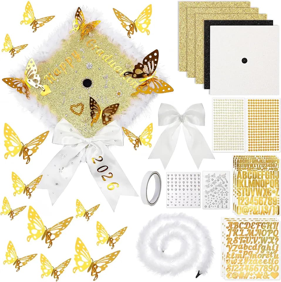 Wavwavw 30 Pcs DIY Graduation Cap Decorations Kit Grad Hats Decor Included 3D Artificial Butterfly Bow Glitter Paper Plush Alphabet Letter Stickers for 2026 DIY Grad Cap Decorations (White)