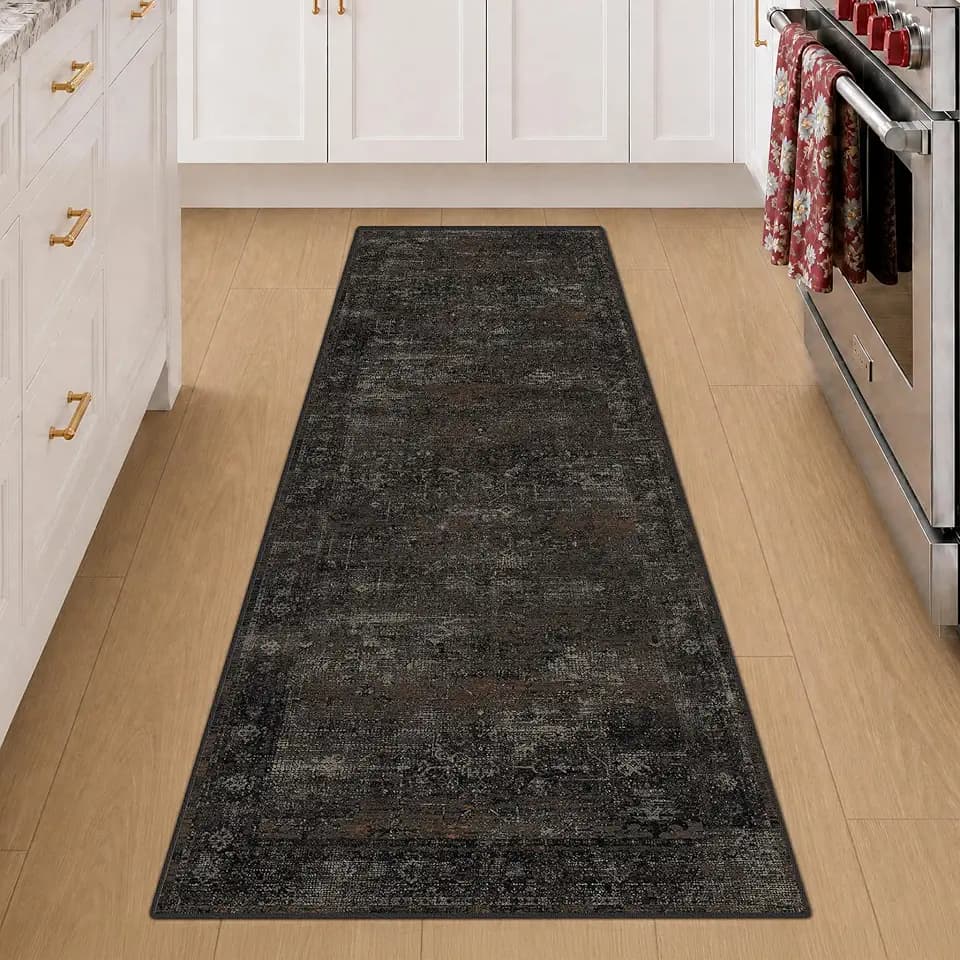 Black Kitchen Runner Rug 2x6 Washable Non Slip, Volcanic Charcoal Stain Resistant Low Pile Rug with Lava Red Accents for Hallway Entryway Bathroom Laundry Room