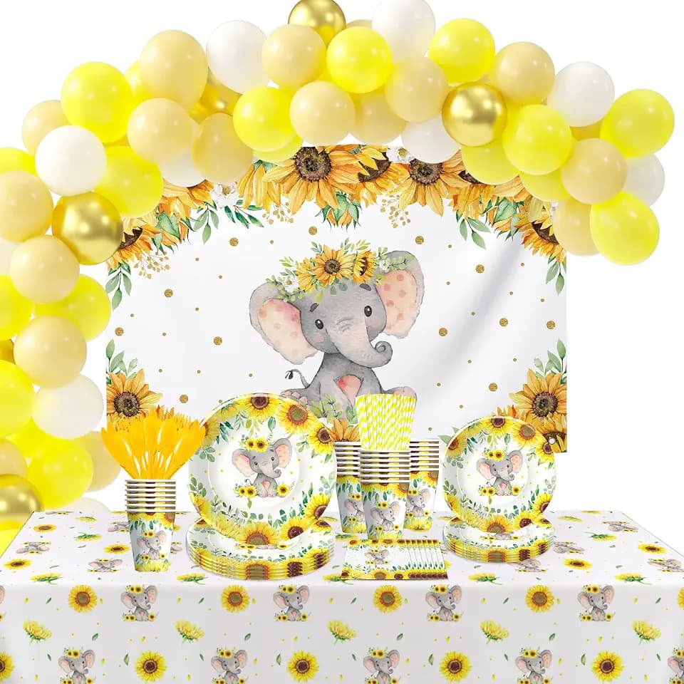 Xigejob Elephant Baby Shower Decorations For Kids - Elephant Sunflower Party Decorations For Baby Shower & Birthday, Plate, Cup, Napkin, Balloon Arch, Backdrop, Tablecloth, Cutlery, Straws | Serve 24