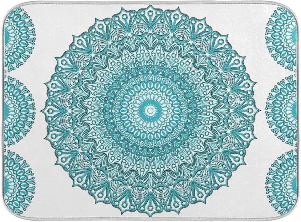 Super Absorbent Dish Drying Mat, Microfiber Fast-Drying Dish Mat, 16" x 18", Kitchen Dish Drying Pad, Boho Ethnic Turquoise Mandala