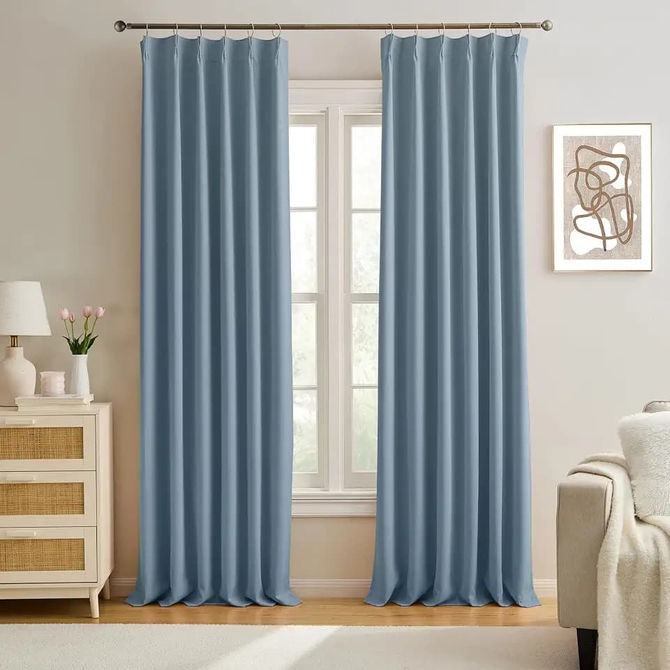 Slate Blue Blackout Curtains 90 Inches Long, Pinch Pleat with Hooks, Black Out Drapes Thermal Insulated Modern Elegant Greyish Blue Darkening Window Curtain Panels for Kids Nursery 40X90-in