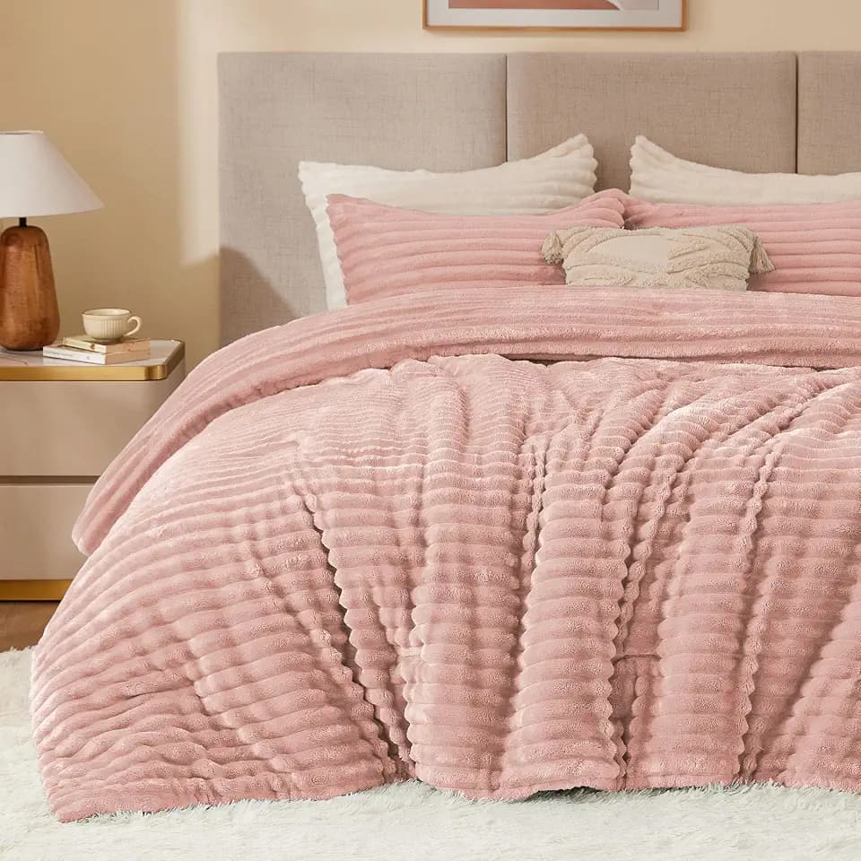 BEDELITE Fleece Twin/Twin XL Comforter Set, Fluffy Bed Set, Dusty Pink