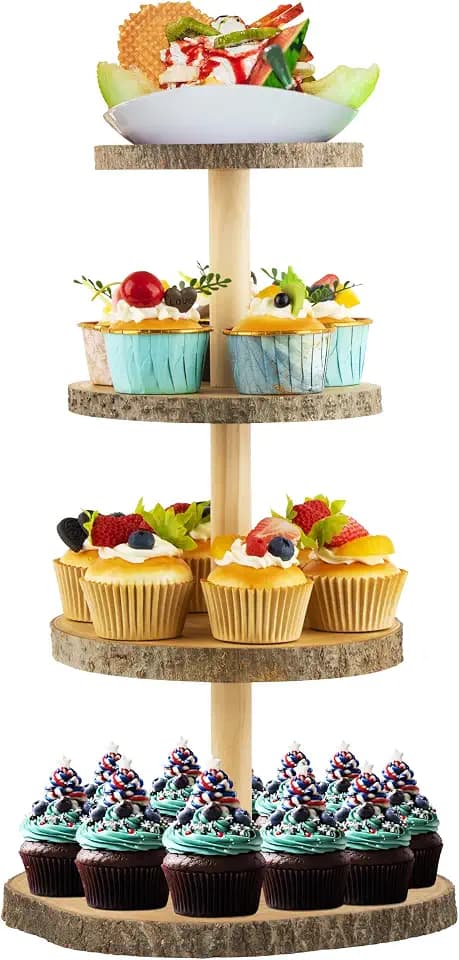 Wooden 4-Tier Rustic Cupcake Stand for Wedding Cakes, Tiered Dessert Tower Display Centerpiece for Parties, Events & Celebrations